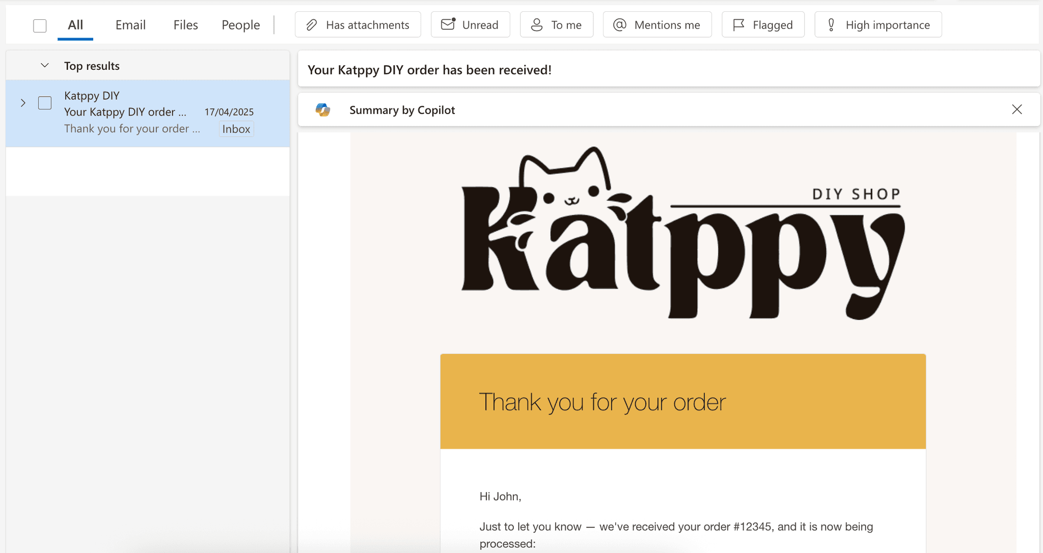 Email sample for order confirmation